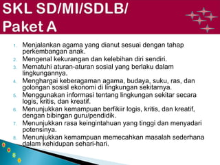 1. Menjalankan agama yang dianut sesuai dengan tahap 
perkembangan anak. 
2. Mengenal kekurangan dan kelebihan diri sendiri. 
3. Mematuhi aturan-aturan sosial yang berlaku dalam 
lingkungannya. 
4. Menghargai keberagaman agama, budaya, suku, ras, dan 
golongan sosisl ekonomi di lingkungan sekitarnya. 
5. Menggunakan informasi tentang lingkungan sekitar secara 
logis, kritis, dan kreatif. 
6. Menunjukkan kemampuan berfikiir logis, kritis, dan kreatif, 
dengan bibingan guru/pendidik. 
7. Menunjukkan rasa keingintahuan yang tinggi dan menyadari 
potensinya. 
8. Menunjukkan kemampuan memecahkan masalah sederhana 
dalam kehidupan sehari-hari. 
 