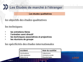 Les Études de marché à l’étranger Les études qualitatives les objectifs des études qualitatives les techniques : les entretiens libres l’entretien semi directif les techniques associatives et projectives les réunions de groupe les spécificités des études internationales Collectivisme Contrainte sociale Étiquette/règles Individualisme  Libre expression Styles de vie Asie du sud-Est occident 