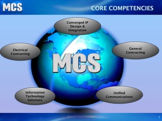CORE COMPETENCIES

                      Converged IP
                        Design &
                       Integration




 Electrical                                                    General
Contracting                                                  Contracting




        Information                                   Uniﬁed
        Technology                                 Communications
         Solutions




                      Mission Critical Solutions                           1
 