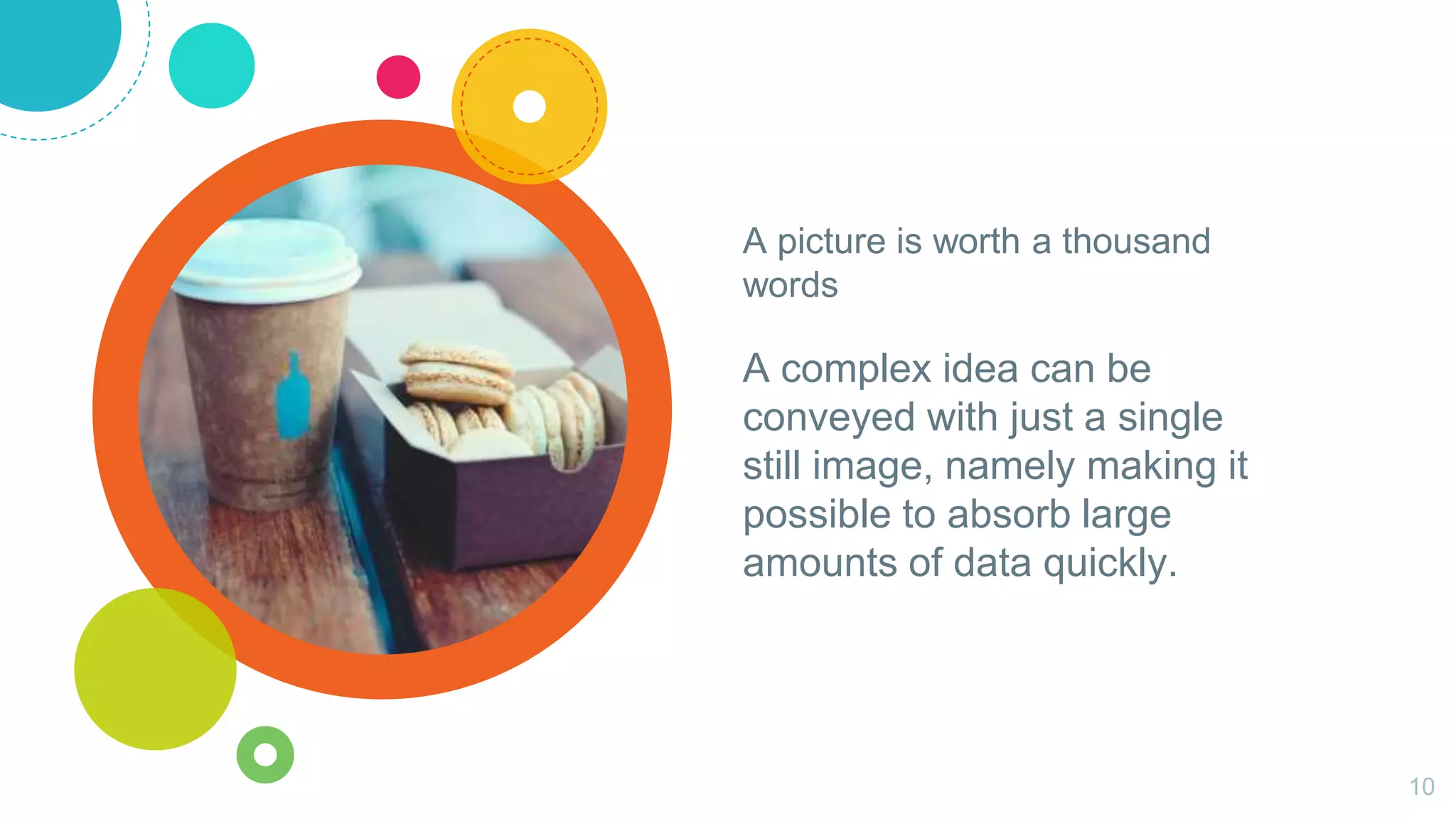 A picture is worth a thousand
words
A complex idea can be
conveyed with just a single
still image, namely making it
possible to absorb large
amounts of data quickly.
10
 
