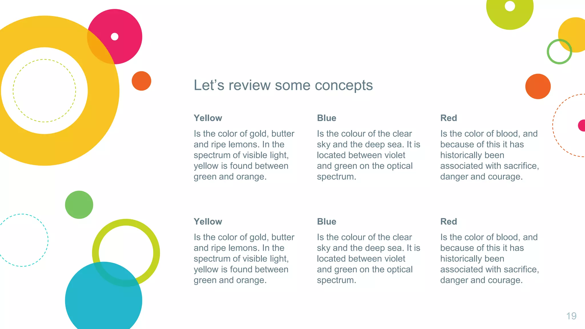 Let’s review some concepts
Yellow
Is the color of gold, butter
and ripe lemons. In the
spectrum of visible light,
yellow is found between
green and orange.
Blue
Is the colour of the clear
sky and the deep sea. It is
located between violet
and green on the optical
spectrum.
Red
Is the color of blood, and
because of this it has
historically been
associated with sacrifice,
danger and courage.
Yellow
Is the color of gold, butter
and ripe lemons. In the
spectrum of visible light,
yellow is found between
green and orange.
Blue
Is the colour of the clear
sky and the deep sea. It is
located between violet
and green on the optical
spectrum.
Red
Is the color of blood, and
because of this it has
historically been
associated with sacrifice,
danger and courage.
19
 