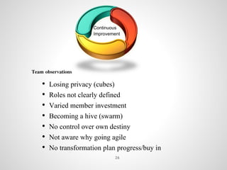Continuous
Improvement
Team observations
• Losing privacy (cubes)
• Roles not clearly defined
• Varied member investment
• Becoming a hive (swarm)
• No control over own destiny
• Not aware why going agile
• No transformation plan progress/buy in
26
 