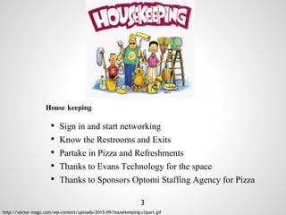 Continuous
Improvement
House keeping
• Sign in and start networking
• Know the Restrooms and Exits
• Partake in Pizza and Refreshments
• Thanks to Evans Technology for the space
• Thanks to Sponsors Optomi Staffing Agency for Pizza
http://vector-magz.com/wp-content/uploads/2013/09/housekeeping-clipart.gif
3
 