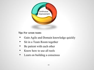 Continuous
Improvement
Tips For scrum teams
• Gain Agile and Domain knowledge quickly
• Sit in a Team Room together
• Be patient with each other
• Know how to use all tools
• Learn on building a consensus
40
 