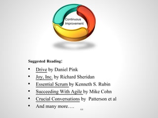 Continuous
Improvement
Suggested Reading:
• Drive by Daniel Pink
• Joy, Inc. by Richard Sheridan
• Essential Scrum by Kenneth S. Rubin
• Succeeding With Agile by Mike Cohn
• Crucial Conversations by Patterson et al
• And many more…. 44
 