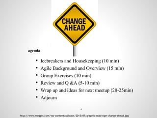 Continuous
Improvement
• Icebreakers and Housekeeping (10 min)
• Agile Background and Overview (15 min)
• Group Exercises (10 min)
• Review and Q &A (5-10 min)
• Wrap up and ideas for next meetup (20-25min)
• Adjourn
agenda
http://www.meggin.com/wp-content/uploads/2013/07/graphic-road-sign-change-ahead.jpg
4
 