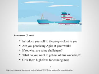 Continuous
Improvement
• Introduce yourself to the people close to you
• Are you practicing Agile at your work?
• If so, what are some challenges?
• What do you want to get out of this workshop?
• Give them high fives for coming here
icebreakers (5 min)
http://www.trainsmartinc.com/wp-content/uploads/2014/02/ice-breakers-for-presentations.jpg
5
 