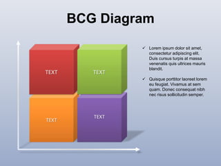 TEXT
TEXT
TEXT TEXT
BCG Diagram
 Lorem ipsum dolor sit amet,
consectetur adipiscing elit.
Duis cursus turpis at massa
venenatis quis ultrices mauris
blandit.
 Quisque porttitor laoreet lorem
eu feugiat. Vivamus at sem
quam. Donec consequat nibh
nec risus sollicitudin semper.
 