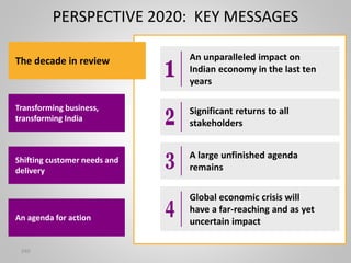 240
PERSPECTIVE 2020: KEY MESSAGES
The decade in review
Transforming business,
transforming India
An agenda for action
Shifting customer needs and
delivery
An unparalleled impact on
Indian economy in the last ten
years
Significant returns to all
stakeholders
A large unfinished agenda
remains
Global economic crisis will
have a far-reaching and as yet
uncertain impact
 