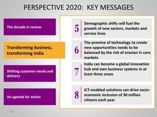 241
PERSPECTIVE 2020: KEY MESSAGES
The decade in review
Transforming business,
transforming India
An agenda for action
Shifting customer needs and
delivery
Demographic shifts will fuel the
growth of new sectors, markets and
service lines
The promise of technology to create
new opportunities needs to be
balanced by the risk of erosion in core
markets
India can become a global innovation
hub and own business systems in at
least three areas
ICT-enabled solutions can drive socio-
economic inclusion of 30 million
citizens each year
 