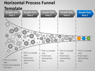 Horizontal Process Funnel
Template
Sample Text:
Step 1
Sample Text:
Step 2
Sample Text:
Step 3
Sample Text:
Step 4
Sample Text:
Step 5
• This is a sample
text.
• Insert your desired
text here.
• This is a sample
text.
• Insert your
desired text
here.
• This is a sample
text.
• Insert your
desired text
here.
• This is a sample
text.
• Insert your
desired text
here.
• This is a sample
text.
• Insert your
desired text
here.
 