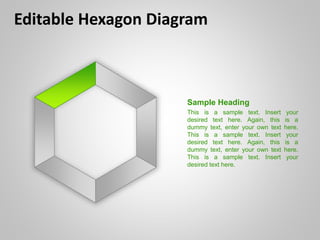 Editable Hexagon Diagram
Sample Heading
This is a sample text. Insert your
desired text here. Again, this is a
dummy text, enter your own text here.
This is a sample text. Insert your
desired text here. Again, this is a
dummy text, enter your own text here.
This is a sample text. Insert your
desired text here.
 
