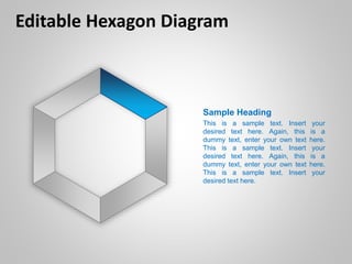 Editable Hexagon Diagram
Sample Heading
This is a sample text. Insert your
desired text here. Again, this is a
dummy text, enter your own text here.
This is a sample text. Insert your
desired text here. Again, this is a
dummy text, enter your own text here.
This is a sample text. Insert your
desired text here.
 