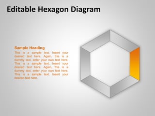 Editable Hexagon Diagram
Sample Heading
This is a sample text. Insert your
desired text here. Again, this is a
dummy text, enter your own text here.
This is a sample text. Insert your
desired text here. Again, this is a
dummy text, enter your own text here.
This is a sample text. Insert your
desired text here.
 