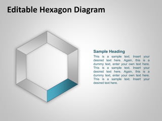 Editable Hexagon Diagram
Sample Heading
This is a sample text. Insert your
desired text here. Again, this is a
dummy text, enter your own text here.
This is a sample text. Insert your
desired text here. Again, this is a
dummy text, enter your own text here.
This is a sample text. Insert your
desired text here.
 