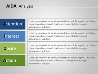 AIDA Analysis
Attention
Interest
Desire
Action
Lorem ipsum dolor sit amet, consectetuer adipiscing elit, sed diam
nonummy nibh euismod tincidunt ut laoreet dolore magna
aliquam erat volutpat.
Lorem ipsum dolor sit amet, consectetuer adipiscing elit, sed diam
nonummy nibh euismod tincidunt ut laoreet dolore magna
aliquam erat volutpat.
Lorem ipsum dolor sit amet, consectetuer adipiscing elit, sed diam
nonummy nibh euismod tincidunt ut laoreet dolore magna
aliquam erat volutpat.
Lorem ipsum dolor sit amet, consectetuer adipiscing elit, sed diam
nonummy nibh euismod tincidunt ut laoreet dolore magna
aliquam erat volutpat.
 