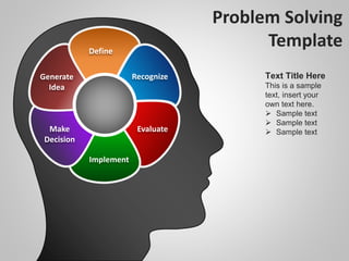 Problem Solving
Template
Recognize
Evaluate
Implement
Make
Decision
Generate
Idea
Define
Text Title Here
This is a sample
text, insert your
own text here.
 Sample text
 Sample text
 Sample text
 