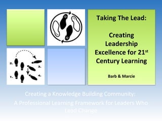 Taking The Lead:

                                 Creating
                                Leadership
                             Excellence for 21st
                             Century Learning

                                  Barb & Marcie



    Creating a Knowledge Building Community:
A Professional Learning Framework for Leaders Who
                    Lead Change
 