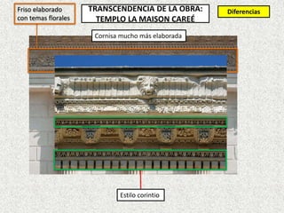 Estilo corintio
Friso elaborado
con temas florales
Cornisa mucho más elaborada
DiferenciasTRANSCENDENCIA DE LA OBRA:
TEMPLO LA MAISON CAREÉ
 