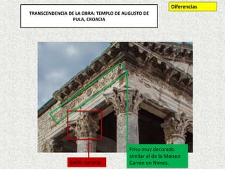 Estilo corintio
Friso muy decorado
similar al de la Maison
Carrée en Nimes.
Diferencias
TRANSCENDENCIA DE LA OBRA: TEMPLO DE AUGUSTO DE
PULA, CROACIA
 