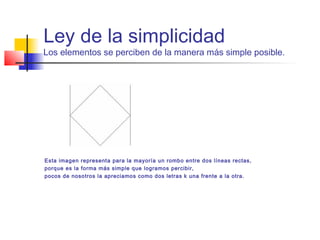 Ley de la simplicidad
Los elementos se perciben de la manera más simple posible.
Esta imagen representa para la mayoría un rombo entre dos líneas rectas,
porque es la forma más simple que logramos percibir,
pocos de nosotros la apreciamos como dos letras k una frente a la otra.
 