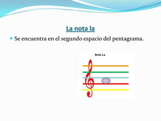 La nota laSe encuentra en el segundo espacio del pentagrama.