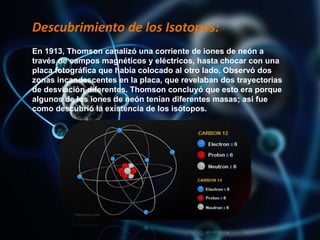 Descubrimiento de los Isotopos:
En 1913, Thomson canalizó una corriente de iones de neón a
través de campos magnéticos y eléctricos, hasta chocar con una
placa fotográfica que había colocado al otro lado. Observó dos
zonas incandescentes en la placa, que revelaban dos trayectorias
de desviación diferentes. Thomson concluyó que esto era porque
algunos de los iones de neón tenían diferentes masas; así fue
como descubrió la existencia de los isótopos.
 