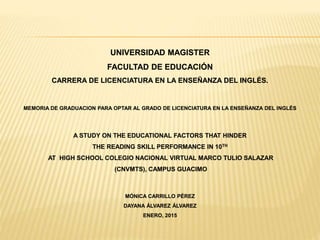 UNIVERSIDAD MAGISTER
FACULTAD DE EDUCACIÓN
CARRERA DE LICENCIATURA EN LA ENSEÑANZA DEL INGLÉS.
MEMORIA DE GRADUACION PARA OPTAR AL GRADO DE LICENCIATURA EN LA ENSEÑANZA DEL INGLÉS
A STUDY ON THE EDUCATIONAL FACTORS THAT HINDER
THE READING SKILL PERFORMANCE IN 10TH
AT HIGH SCHOOL COLEGIO NACIONAL VIRTUAL MARCO TULIO SALAZAR
(CNVMTS), CAMPUS GUACIMO
MÓNICA CARRILLO PÉREZ
DAYANA ÁLVAREZ ÁLVAREZ
ENERO, 2015
 