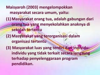 Maisyaroh (2003) mengelompokkan
masyarakat secara umum, yaitu:
(1)Masyarakat orang tua, adalah gabungan dari
orang tua yang menyekolahkan anaknya di
sekolah tertentu
(2)Masyarakat yang terorganisasi dalam
organisasi tertentu
(3) Masyarakat luas yang terdiri dari individu-
individu yang tidak terkait secara langsung
terhadap penyelenggaraan program
pendidikan.
 