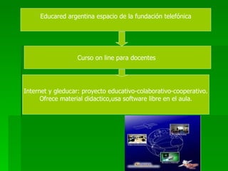 Educared argentina espacio de la fundación telefónica Curso on line para docentes  Internet y gleducar: proyecto educativo-colaborativo-cooperativo. Ofrece material didactico,usa software libre en el aula . 