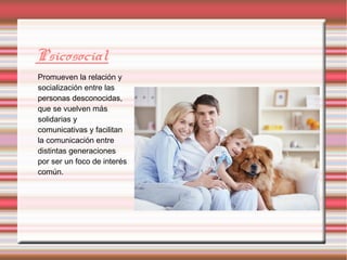 Psicosocial
Promueven la relación y
socialización entre las
personas desconocidas,
que se vuelven más
solidarias y
comunicativas y facilitan
la comunicación entre
distintas generaciones
por ser un foco de interés
común.
 