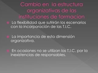  La flexibilidad que sufrirán los escenarios
con la incorporación de las T.I.C.
 La importancia de esta dimensión
organizativa.
 En ocasiones no se utilizan las T.I.C. por la
inexistencias de responsables.
 