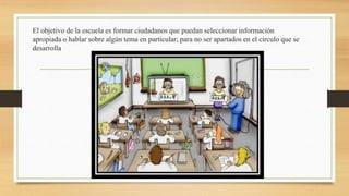 El objetivo de la escuela es formar ciudadanos que puedan seleccionar información
apropiada o hablar sobre algún tema en particular; para no ser apartados en el circulo que se
desarrolla
 