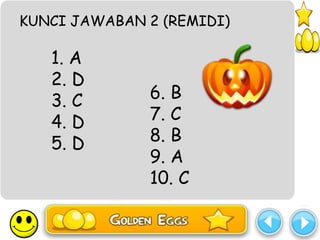 KUNCI JAWABAN 2 (REMIDI)

   1. A
   2. D
   3. C       6. B
   4. D       7. C
   5. D       8. B
              9. A
              10. C
 
