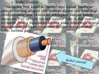  Kabel Coaxial 
Tampilan fisik kabel ini terdiri dari kawat tembaga 
sebagai inti yag dilapisi oleh isolator dalam lalu dikelilingi 
olehkonduktor luar kemudian dibungkus dengan bahan 
semacam PVC sebagai lapisan isolator luar. Kabel coaxial 
ini sudah jarang digunakan karena pada umumnya orang 
membangun jaringan komputer dengan menggunakan 
kabel twisted pair. 
 