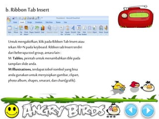 b. Ribbon Tab Insert 
Untuk mengaktifkan, klik pada Ribbon Tab Insert atau 
tekan Alt+N pada keyboard. Ribbon tab Insert terdiri 
dari beberapa tool group, antara lain : 
M Tables, peintah untuk menambahkan tble pada 
tampilan slide anda. 
M Illustrations, terdapat tobol-tombol yang bisa 
anda gunakan untuk menyisipkan gambar, clipart, 
photo album, shapes, smarart, dan chart(grafik). 
 