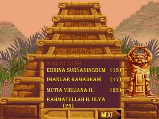 DI BUAT OLEH :
ERRINA SURYANINGRUM (13)
IMANUAR RAMADHANI     (17)
MUTIA VIRLIANA H.     (23)
RAHMATULLAH H. ULYA
    (25)
 