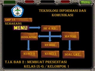 TEKNOLOGI INFORMASI DAN
                           KOMUNIKASI
SMP 18
SEMARANG
                       SK & KD

        INDIKATOR                MATERI

                       REMIDI

           KUNCI 2     KUNCI 1   SOAL LAT.

T.I.K BAB 2 : MEMBUAT PRESENTASI
           KELAS IX-G / KELOMPOK 1
 