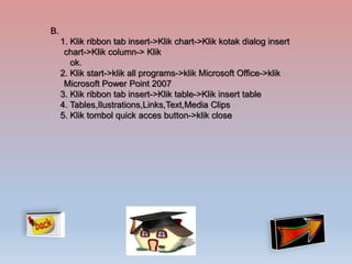 B. 
1. Klik ribbon tab insert->Klik chart->Klik kotak dialog insert 
chart->Klik column-> Klik 
ok. 
2. Klik start->klik all programs->klik Microsoft Office->klik 
Microsoft Power Point 2007 
3. Klik ribbon tab insert->Klik table->Klik insert table 
4. Tables,Ilustrations,Links,Text,Media Clips 
5. Klik tombol quick acces button->klik close 
 