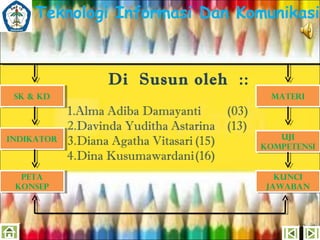 Teknologi Informasi Dan Komunikasi

Di Susun oleh ::
SK & KD
SK & KD

INDIKATOR
INDIKATOR

PETA
PETA
KONSEP
KONSEP

MATERI
MATERI

1.Alma Adiba Damayanti
(03)
2.Davinda Yuditha Astarina (13)
3.Diana Agatha Vitasari (15)
4.Dina Kusumawardani(16)

UJI
UJI
KOMPETENSI
KOMPETENSI

KUNCI
KUNCI
JAWABAN
JAWABAN

 