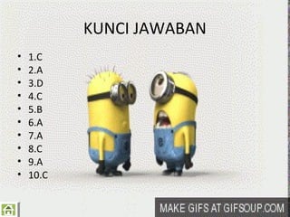 KUNCI JAWABAN
•
•
•
•
•
•
•
•
•
•

1.C
2.A
3.D
4.C
5.B
6.A
7.A
8.C
9.A
10.C

 