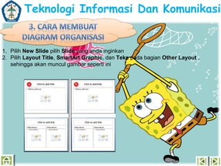 Teknologi Informasi Dan Komunikasi

1. Pilih New ݺߣ pilih ݺߣ yang anda inginkan
2. Pilih Layout Title, SmartArt Graphic, dan Teks pada bagian Other Layout ,
sehingga akan muncul gambar seperti ini

 