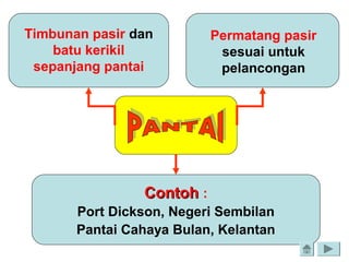 Timbunan pasir dan
batu kerikil
sepanjang pantai
Permatang pasir
sesuai untuk
pelancongan
ContohContoh :
Port Dickson, Negeri Sembilan
Pantai Cahaya Bulan, Kelantan
 