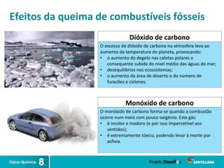 Efeitos da queima de combustíveis fósseis
Dióxido de carbono
O excesso de dióxido de carbono na atmosfera leva ao
aumento da temperatura do planeta, provocando:
• o aumento do degelo nas calotas polares e
consequente subida do nível médio das águas do mar;
• desequilíbrios nos ecossistemas;
• o aumento da área de deserto e do número de
furacões e ciclones.
Monóxido de carbono
O monóxido de carbono forma-se quando a combustão
ocorre num meio com pouco oxigénio. Este gás:
• é incolor e inodoro (e por isso impercetível aos
sentidos);
• é extremamente tóxico, podendo levar à morte por
asfixia.
 
