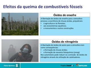 Efeitos da queima de combustíveis fósseis
Óxidos de enxofre
A libertação de óxidos de enxofre para a atmosfera
provoca a ocorrência de chuvas ácidas, prejudiciais:
• à agricultura e às florestas;
• aos ecossistemas aquáticos;
• a monumentos e outras construções.
Óxidos de nitrogénio
A libertação de óxidos de azoto para a atmosfera tem
como consequências:
• a formação de chuvas ácidas;
• a formação de nevoeiro fotoquímico (smog).
Nos automóveis pode reduzir-se a emissão de óxidos de
nitrogénio através da utilização de catalisadores.
 