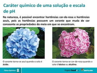 Caráter químico de uma solução e escala
de pH
Na natureza, é possível encontrar hortênsias cor-de-rosa e hortênsias
azuis, pois as hortênsias possuem um corante que muda de cor
consoante as propriedades do meio em que se encontram.
- Não há formação de chama;
- São reações muito demoradas
O corante torna-se azul quando o solo é
ácido.
O corante torna-se cor-de-rosa quando o
solo é básico ou alcalino.
 