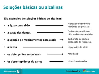 Soluções básicas ou alcalinas
São exemplos de soluções básicas ou alcalinas:
• a água com sabão
• a pasta dos dentes
• a solução de medicamentos para a azia
• a lixívia
• os detergentes amoniacais
• os desentupidores de canos
Hidróxido de sódio ou
hidróxido de potássio
Carbonato de cálcio e
hidrocarbonato de sódio
Carbonato de sódio e
carbonato de magnésio
Hipoclorito de sódio
Amoníaco
Hidróxido de sódio
 