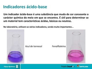 Indicadores ácido-base
Um indicador ácido-base é uma substância que muda de cor consoante o
carácter químico do meio em que se encontra. É útil para determinar se
um material tem características ácidas, básicas ou neutras.
No laboratório, utilizam-se vários indicadores, sendo muito importantes...
Azul de tornesol Fenolftaleína
 