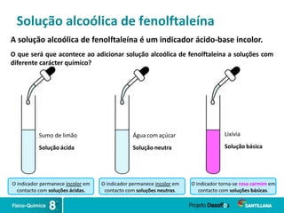 Solução alcoólica de fenolftaleína
A solução alcoólica de fenolftaleína é um indicador ácido-base incolor.
O que será que acontece ao adicionar solução alcoólica de fenolftaleína a soluções com
diferente carácter químico?
Sumo de limão
Solução ácida
Água com açúcar
Solução neutra
O indicador permanece incolor em
contacto com soluções neutras.
O indicador torna-se rosa carmim em
contacto com soluções básicas.
O indicador permanece incolor em
contacto com soluções ácidas.
Lixívia
Solução básica
 