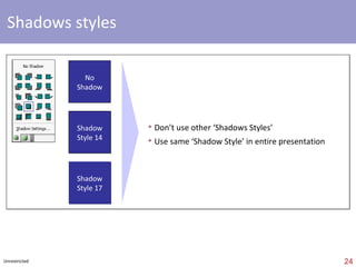 colors Use the ‘right’ colors Select basic colors (e.g.) ‘ black’ & ‘white’ 1 ‘grey’ 3 to 4 ‘blue’ 1 ‘color’ Use same colors in entire presentation EXAMPLE AVOID 
